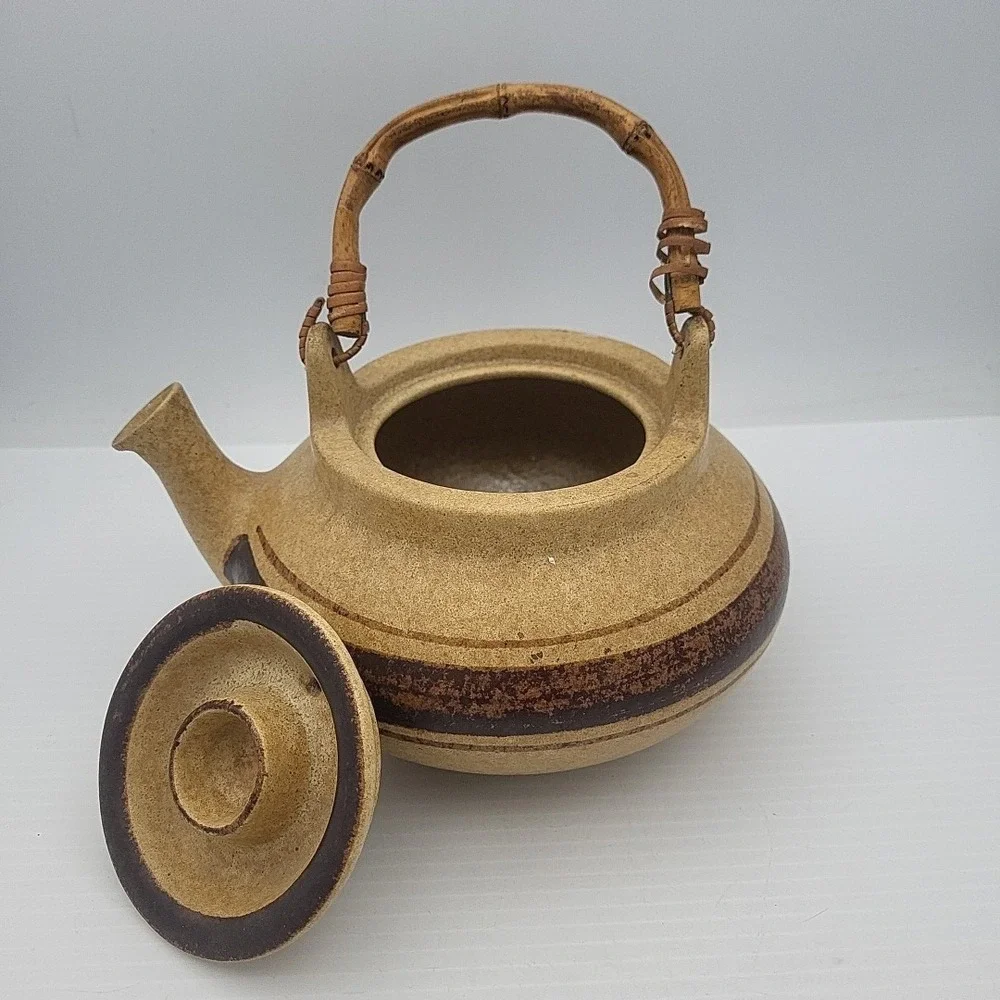 Vintage Pottery craft  Brown Cream Bamboo Handle Tea/ Coffee‎ pot